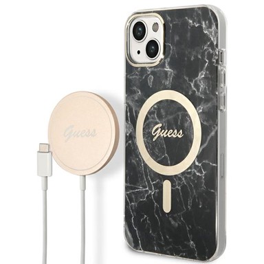 GUESS Originalna maska + punjač za iPhone 15/14/13 6,1", GUBPP14SHMEACSK, Marble MagSafe, crna